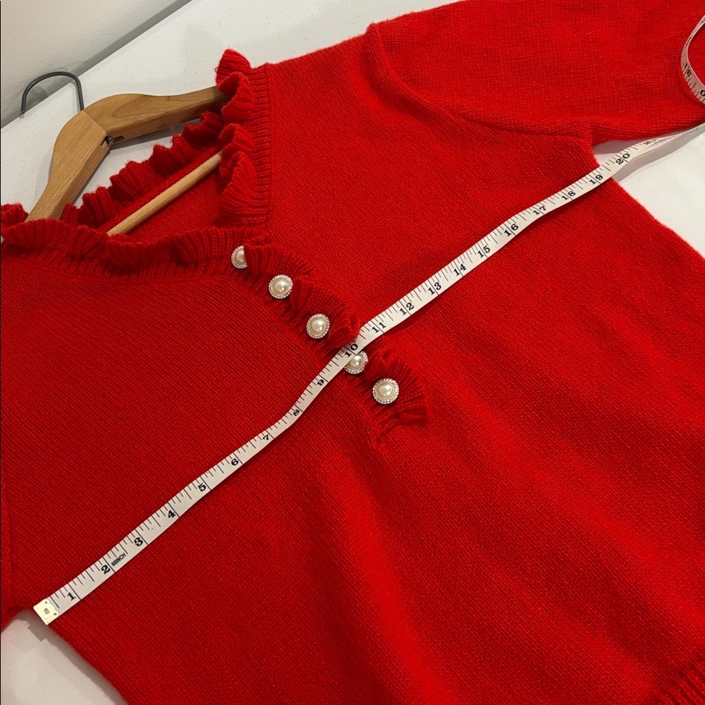 Valentine’s fluffy red sweater ruffle & button detailing ruffled cuffs sz medium - Picture 8 of 12